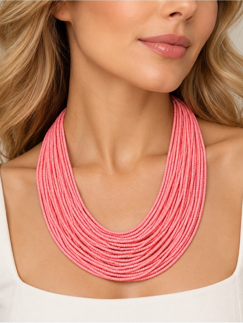 Anthropology Elegant Bohemian Pink Seed Bead Multi Strand Statement Necklace New